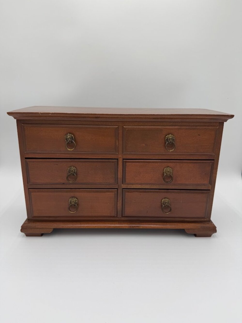 Vintage Wooden Jewelry Box Chest 6 Drawers Lionhead Wood Velvet Line Storage